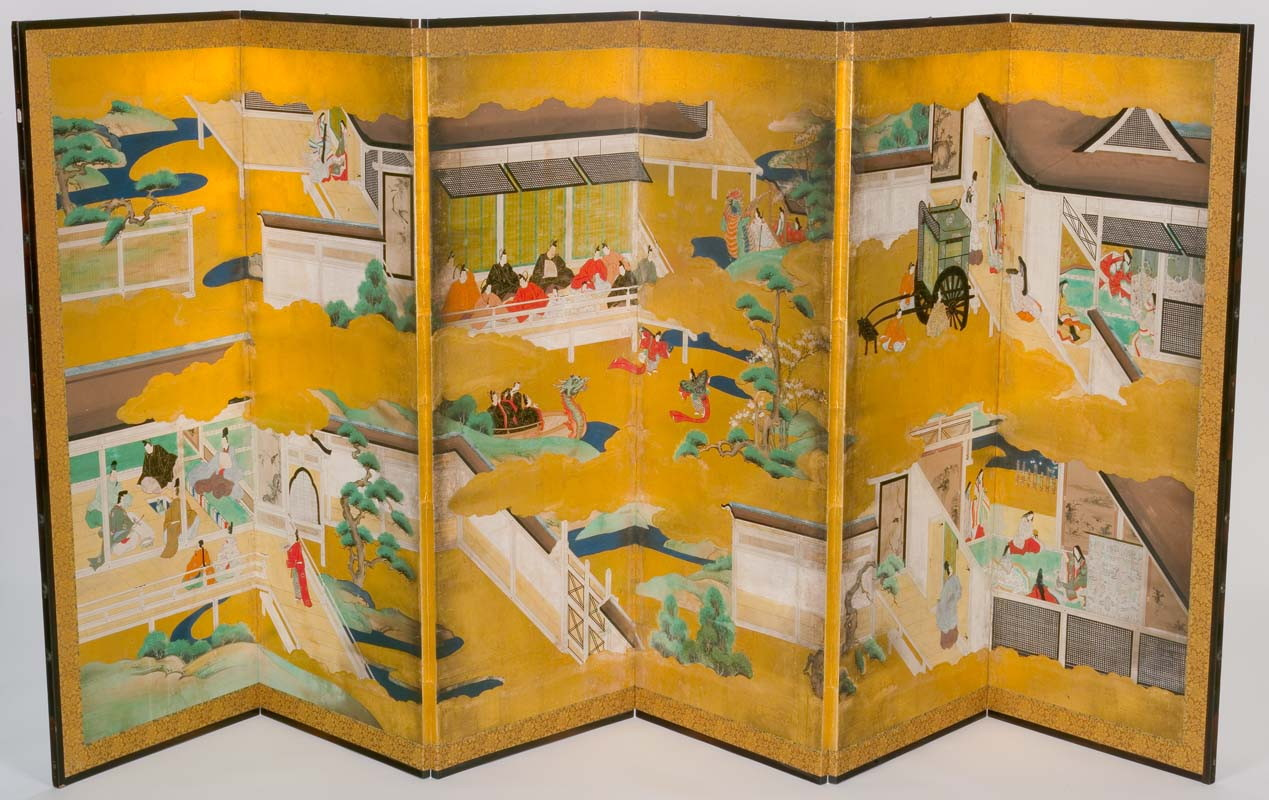 Pair of six fold screens: Scenes from the Genji Monogatari (Tale